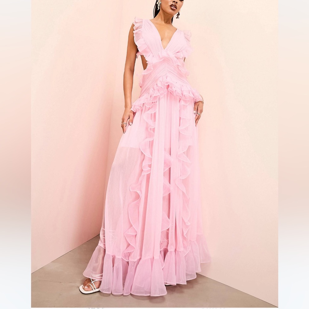 *SOLD* ASOS LUXE plunge maxi dress with ruched chiffon detail & open back